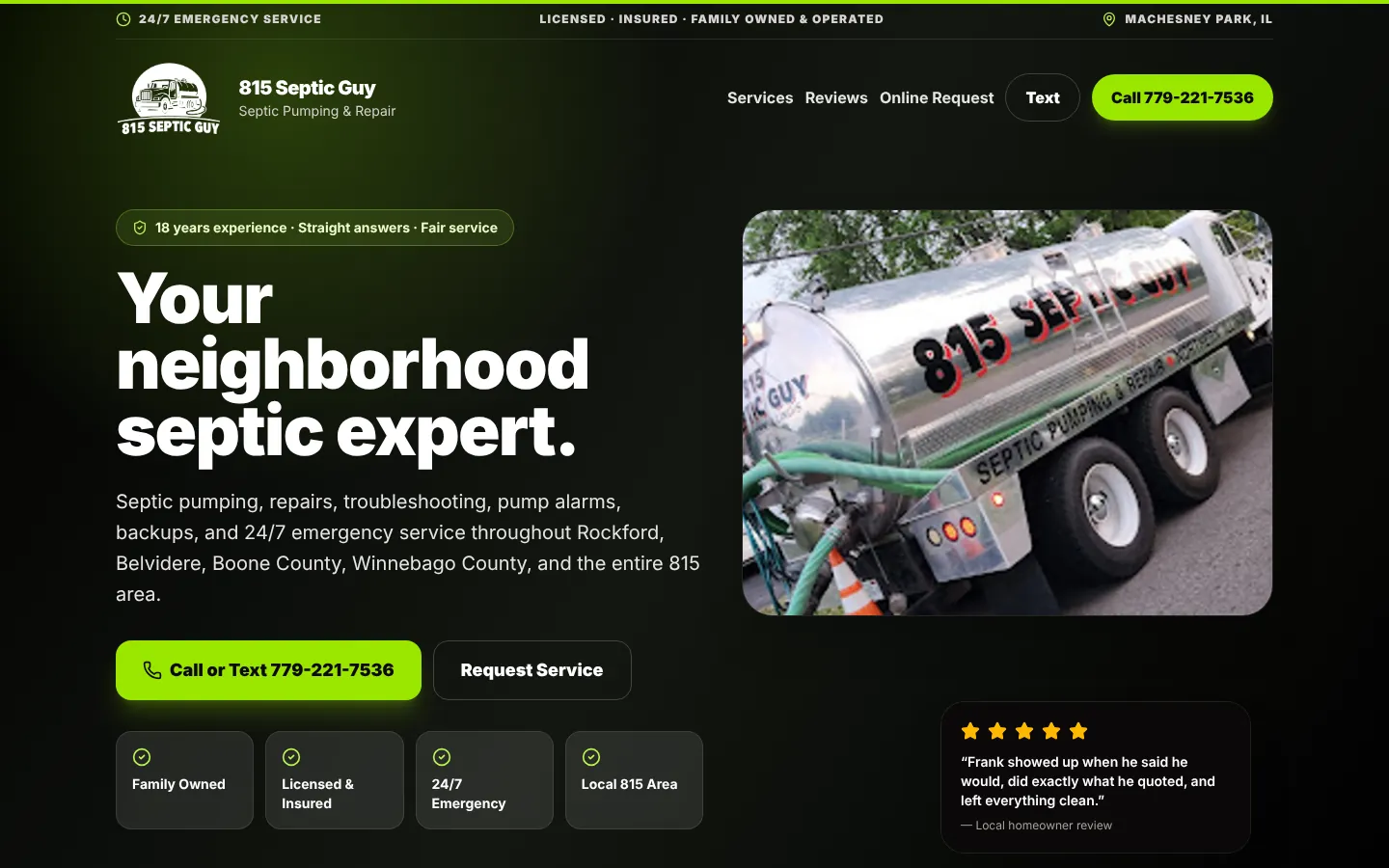 815 Septic Guy website homepage on desktop