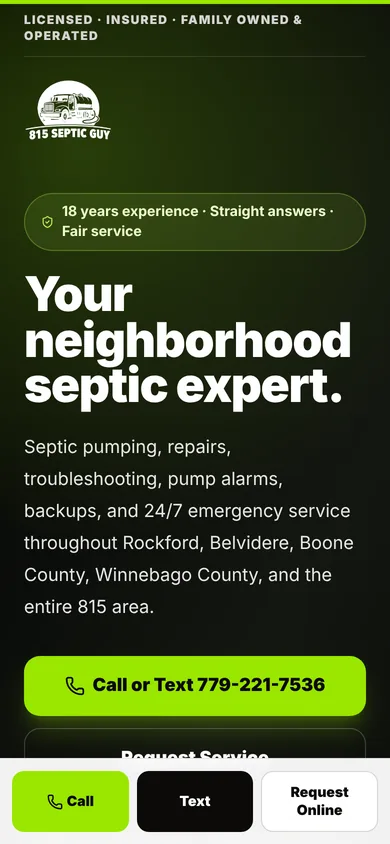 815 Septic Guy website on mobile